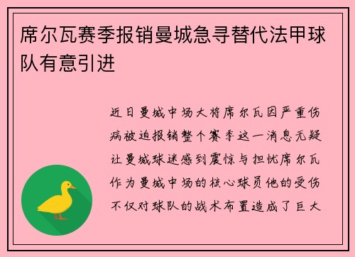 席尔瓦赛季报销曼城急寻替代法甲球队有意引进