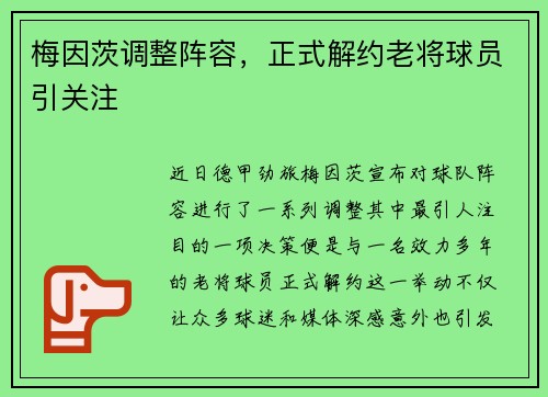 梅因茨调整阵容，正式解约老将球员引关注