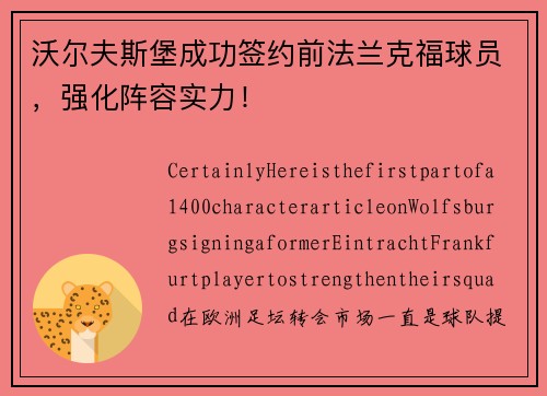 沃尔夫斯堡成功签约前法兰克福球员，强化阵容实力！